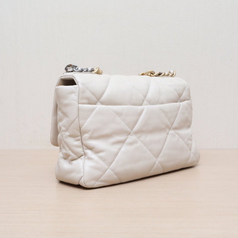 CHANEL(香奈兒) 19BAG 口蓋包 中號 30cm 奶茶色 30開 金銀扣-5