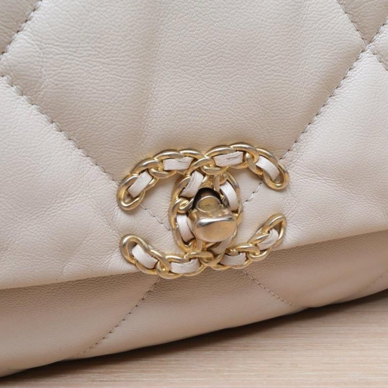 CHANEL(香奈兒) 19BAG 口蓋包 中號 30cm 奶茶色 30開 金銀扣-7