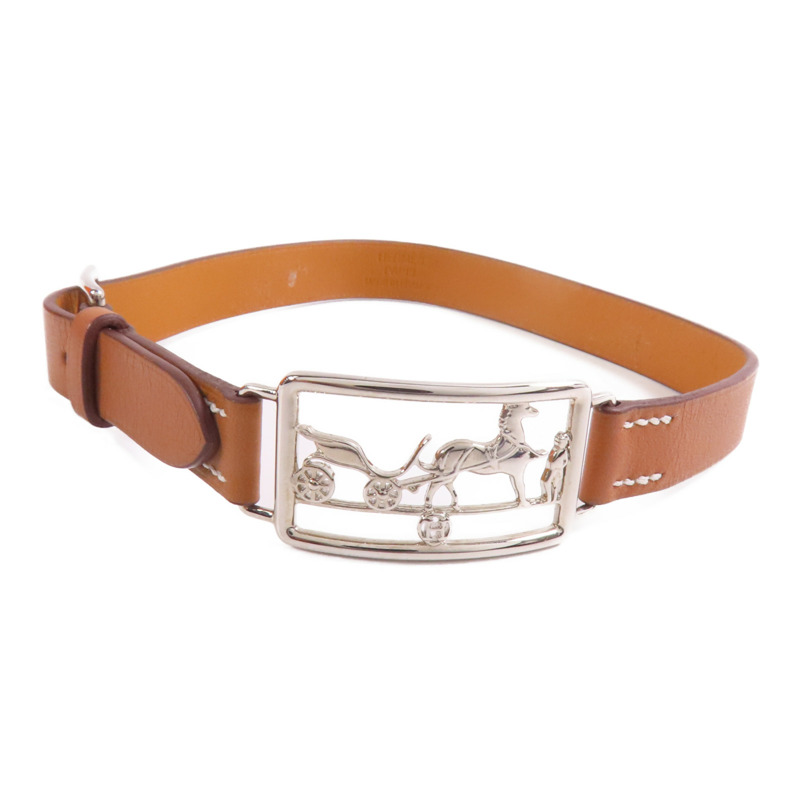 HERMES Swift皮革Bracelet銀扣手鐲Gold-0