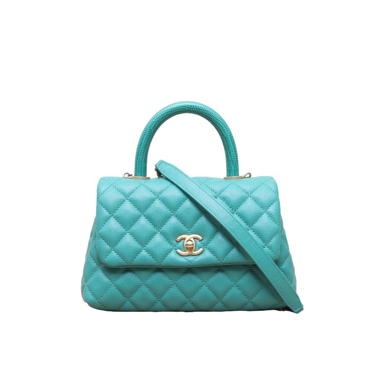 CHANEL(香奈兒) Coco Handle 小號 24cm 綠色 荔枝 28開 金扣 蜥蜴壓紋手柄-0