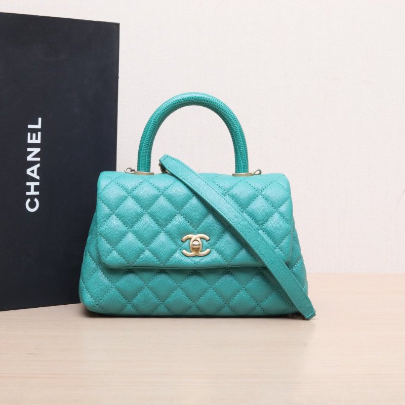 CHANEL(香奈兒) Coco Handle 小號 24cm 綠色 荔枝 28開 金扣 蜥蜴壓紋手柄-1