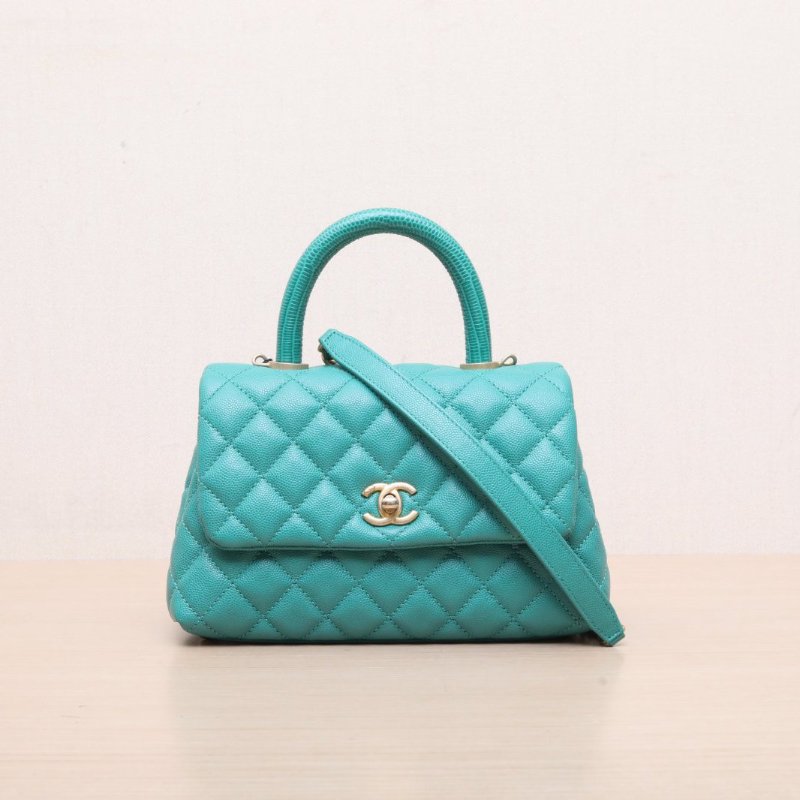 CHANEL(香奈兒) Coco Handle 小號 24cm 綠色 荔枝 28開 金扣 蜥蜴壓紋手柄-2