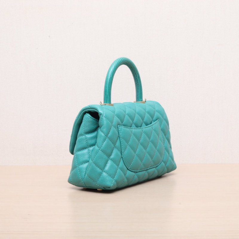 CHANEL(香奈兒) Coco Handle 小號 24cm 綠色 荔枝 28開 金扣 蜥蜴壓紋手柄-5