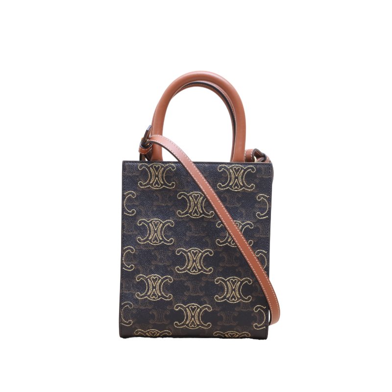 CELINE(思琳) Cabas 豎款手袋 Mini 凱旋門印花 褐色 人造革-0