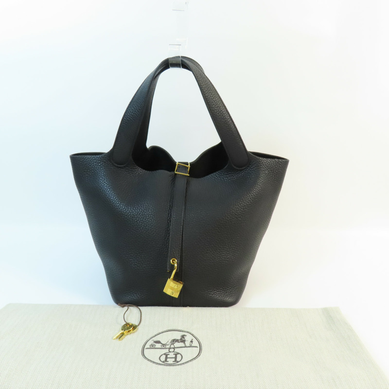 HERMES Clemence皮革Picotin MM金扣手挽袋Noir-7