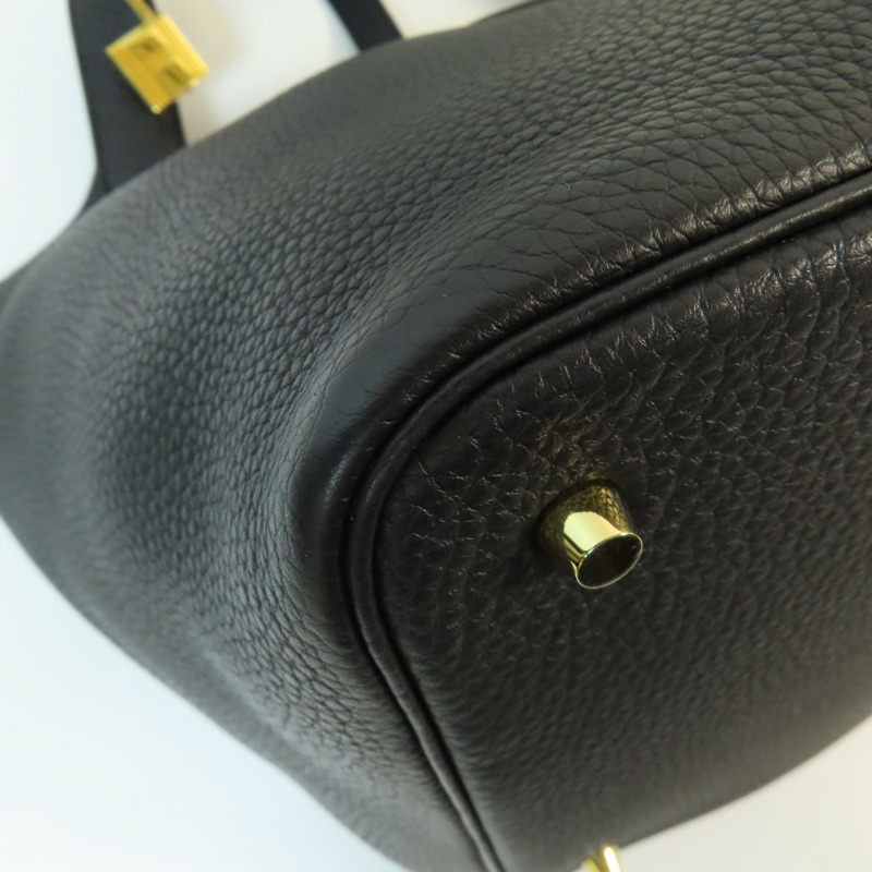 HERMES Clemence皮革Picotin MM金扣手挽袋Noir-8