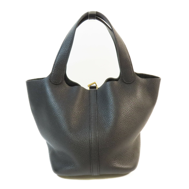 HERMES Clemence皮革Picotin MM金扣手挽袋Noir-1