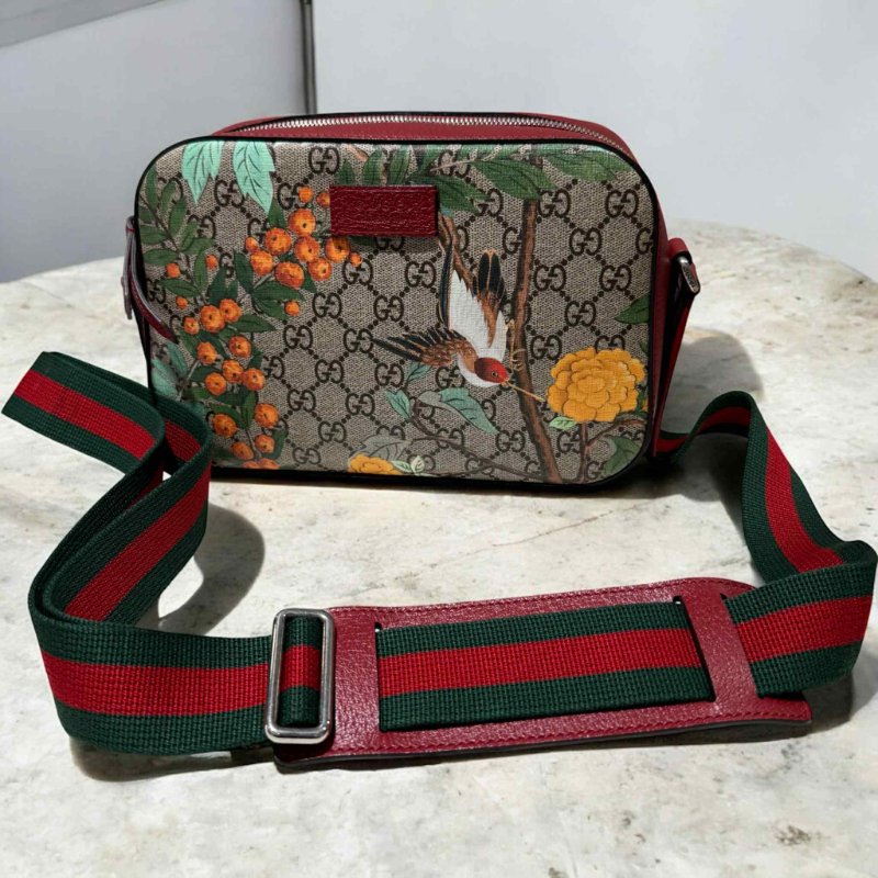 GUCCI PVC拚紅色牛皮綠紅綠織帶花卉圖騰相機包/限定稀少中性款-2