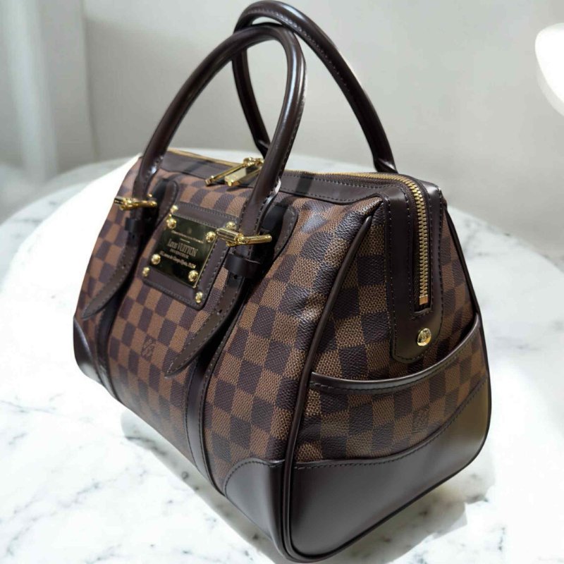 Louis Vuitton DamierBerkeley 深棋盤格鐵牌保齡球包手提肩背包N52000 (咖啡)-1