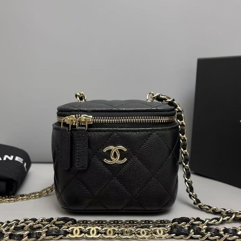 Chanel香奈兒 黑金荔枝紋c字母鏈條迷你盒子包斜背包-0