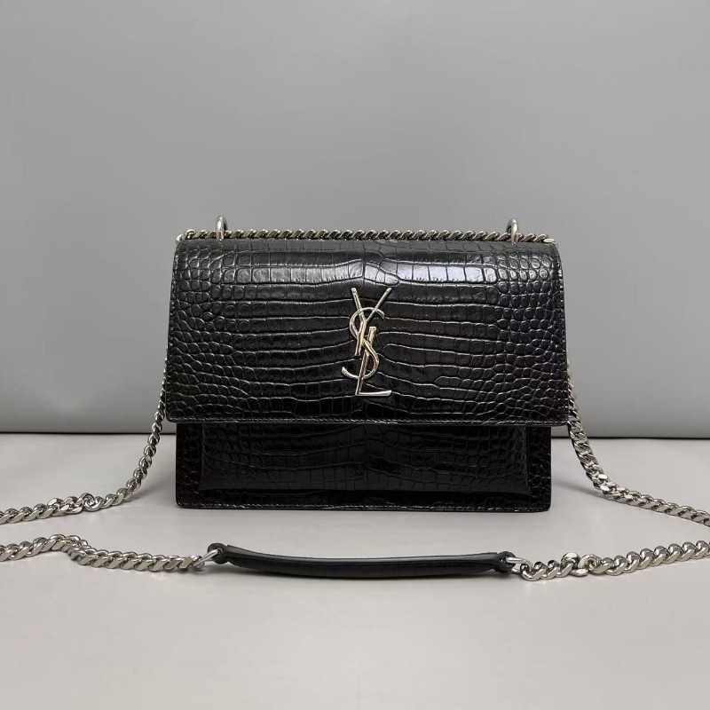YSL聖羅蘭 sunset中號黑銀鱷魚紋日落風琴包斜背包-0