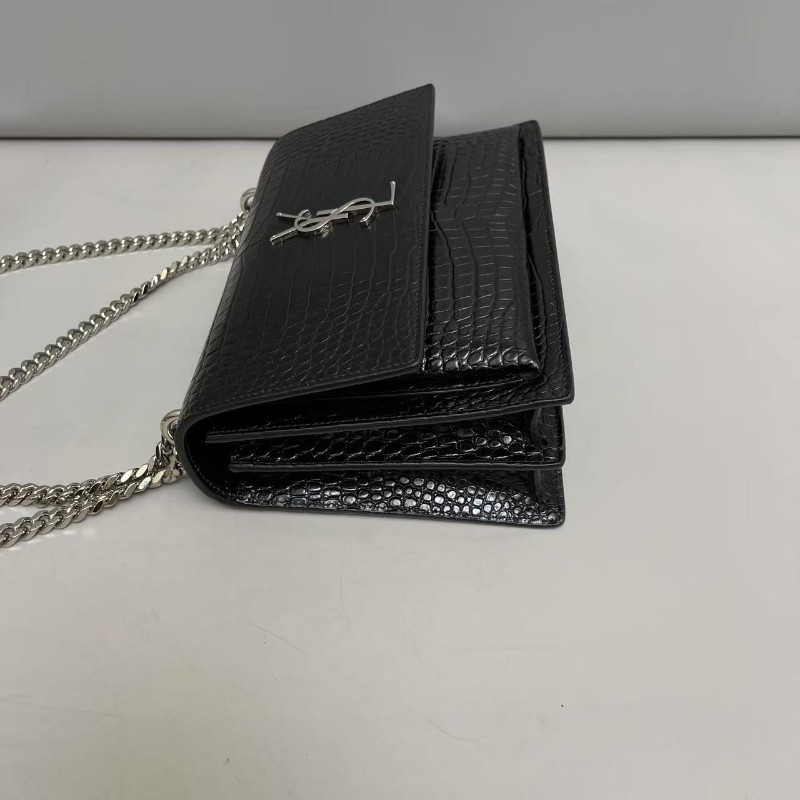 YSL聖羅蘭 sunset中號黑銀鱷魚紋日落風琴包斜背包-2