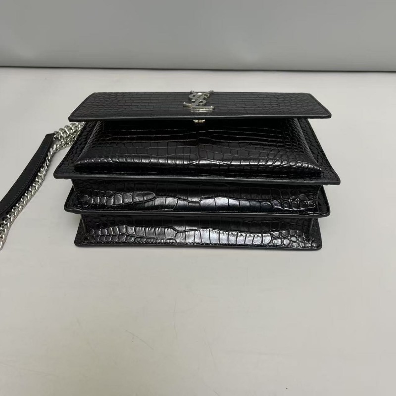 YSL聖羅蘭 sunset中號黑銀鱷魚紋日落風琴包斜背包-4