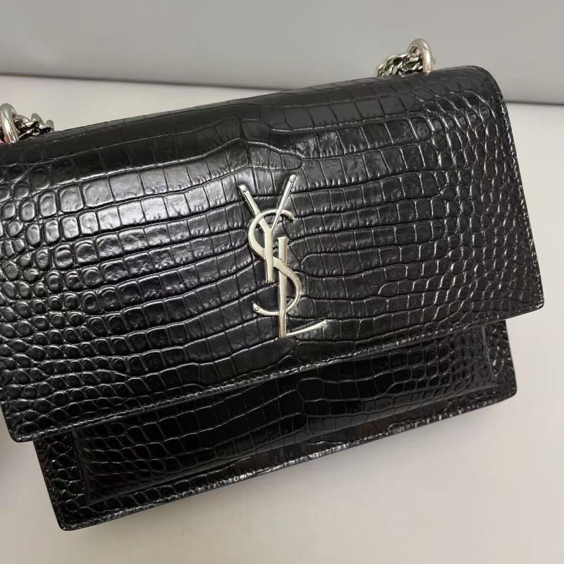 YSL聖羅蘭 sunset中號黑銀鱷魚紋日落風琴包斜背包-5