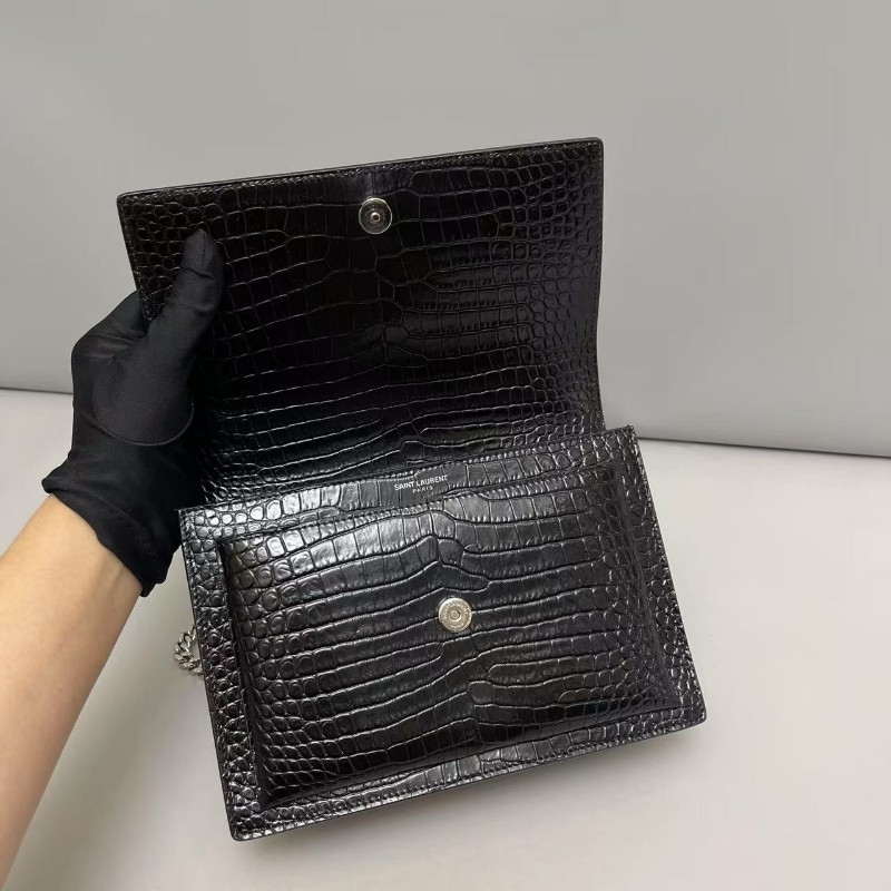 YSL聖羅蘭 sunset中號黑銀鱷魚紋日落風琴包斜背包-7