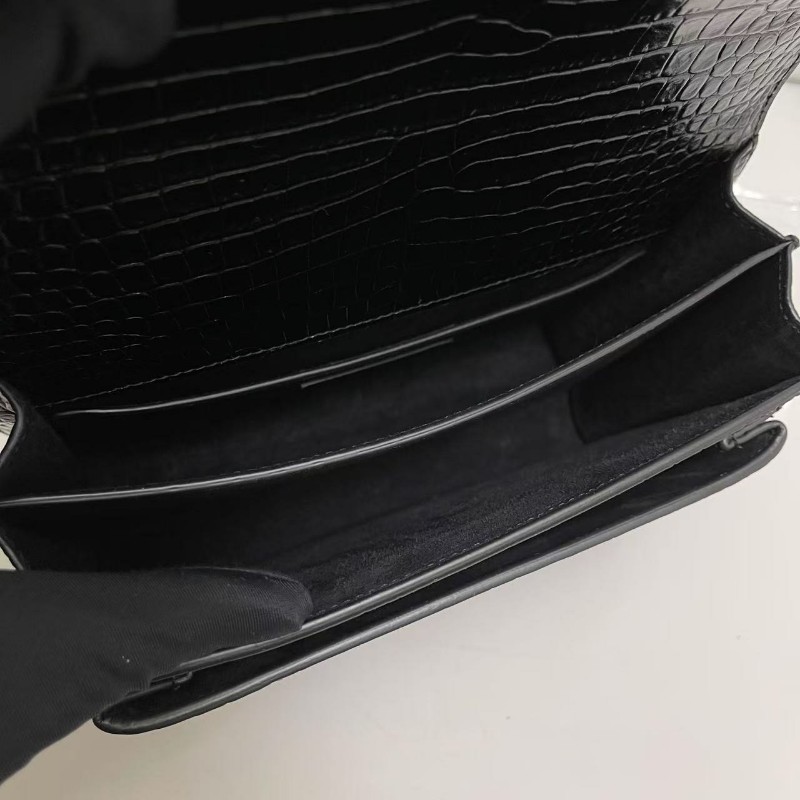 YSL聖羅蘭 sunset中號黑銀鱷魚紋日落風琴包斜背包-8