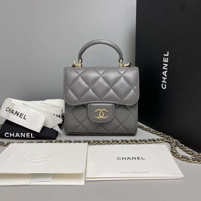 Chanel香奈兒 灰色全皮金扣cf迷你郵差包斜背包晶片款-0