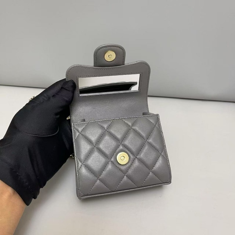 Chanel香奈兒 灰色全皮金扣cf迷你郵差包斜背包晶片款-5