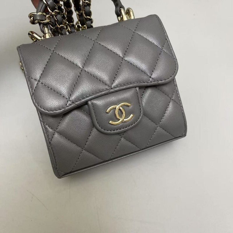 Chanel香奈兒 灰色全皮金扣cf迷你郵差包斜背包晶片款-7