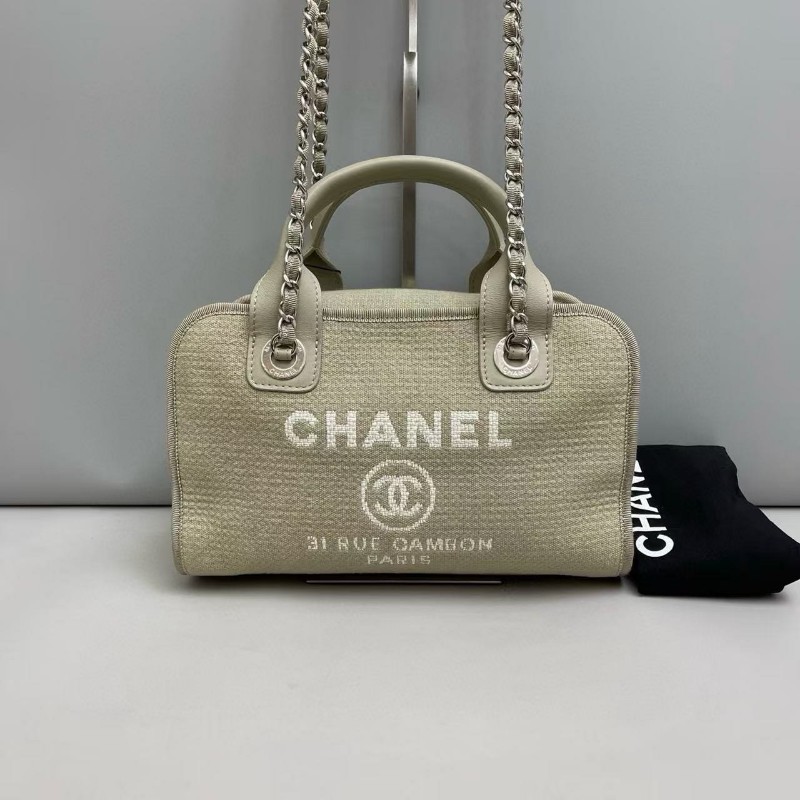 Chanel香奈兒 灰色帆布拼皮保齡球沙灘包肩背包波士頓包 晶片-0