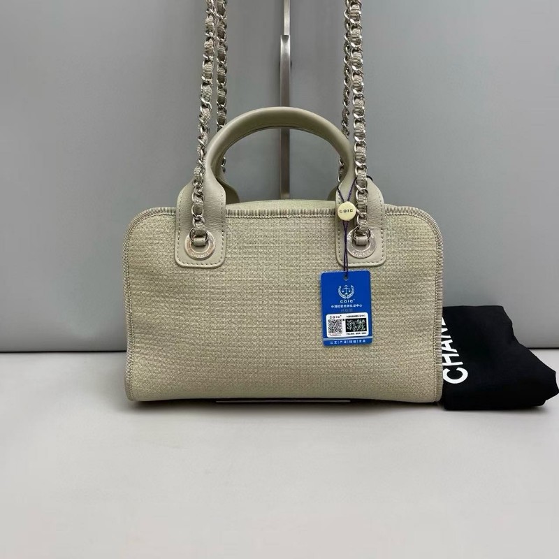 Chanel香奈兒 灰色帆布拼皮保齡球沙灘包肩背包波士頓包 晶片-1