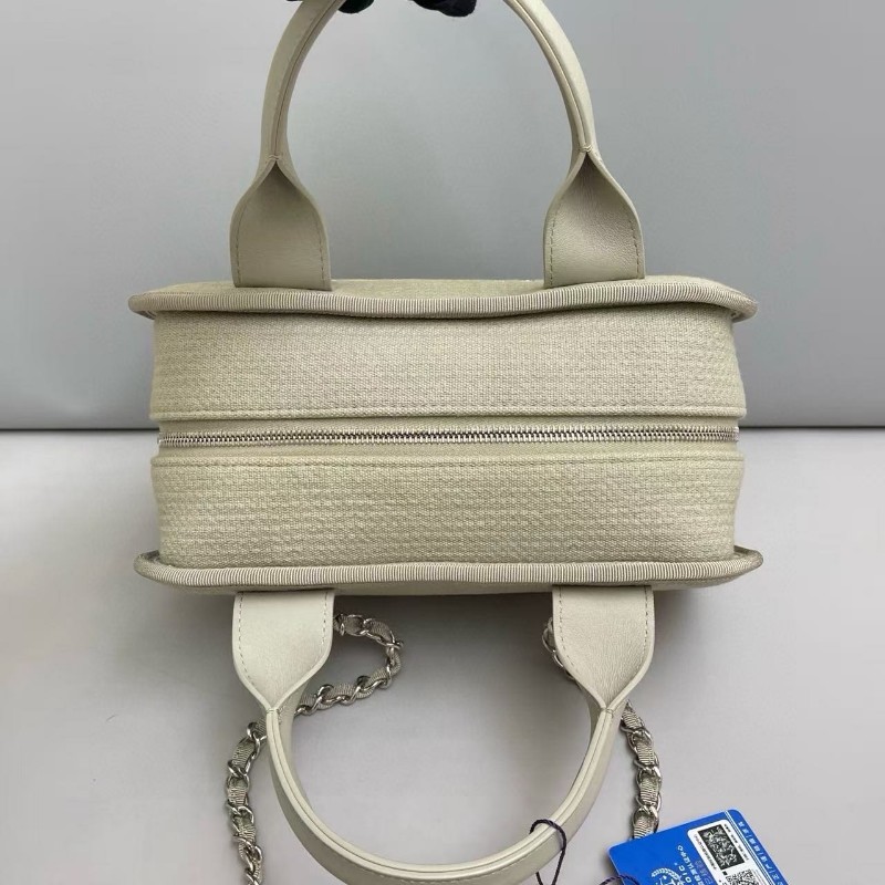 Chanel香奈兒 灰色帆布拼皮保齡球沙灘包肩背包波士頓包 晶片-6