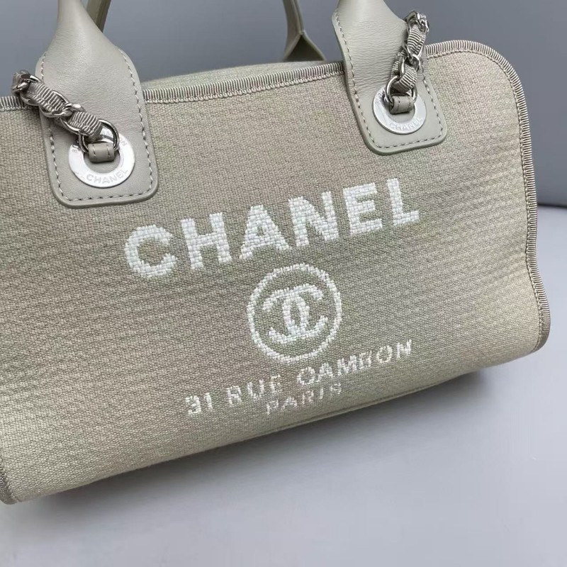 Chanel香奈兒 灰色帆布拼皮保齡球沙灘包肩背包波士頓包 晶片-7