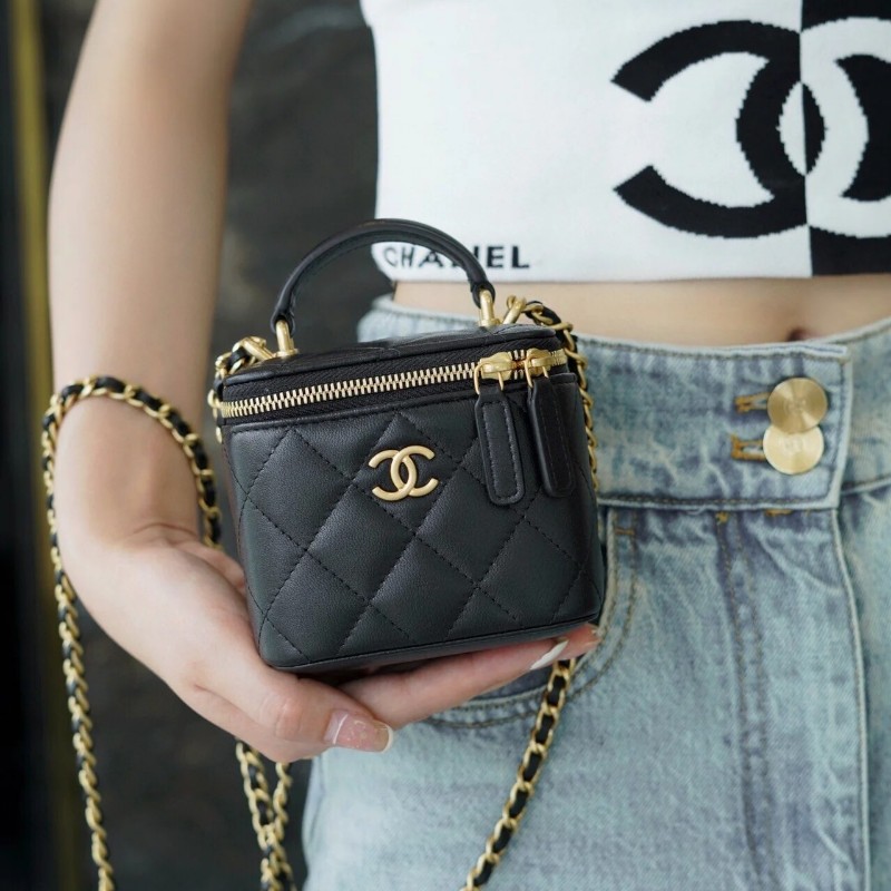Chanel香奈兒 黑金全皮菱格mini金球盒子包 斜背包-0