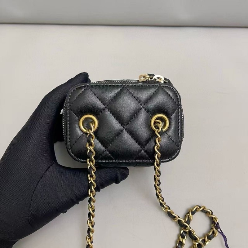 Chanel香奈兒 黑金全皮菱格mini金球盒子包 斜背包-8