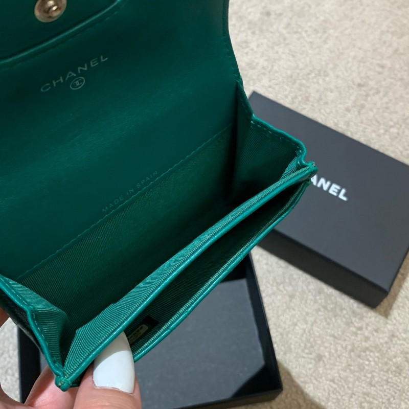 Chanel香奈兒 綠色羊皮錢包小卡包銀扣銀包 22開無卡-2