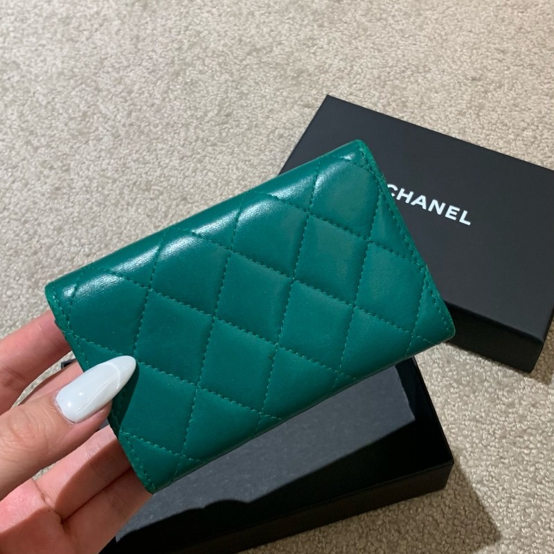 Chanel香奈兒 綠色羊皮錢包小卡包銀扣銀包 22開無卡-3