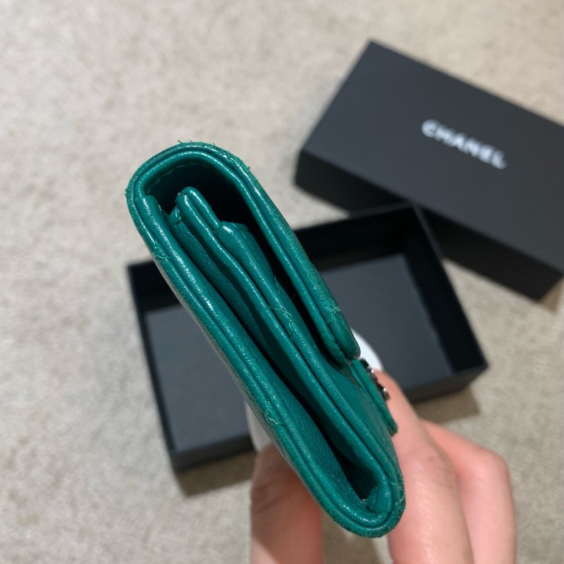 Chanel香奈兒 綠色羊皮錢包小卡包銀扣銀包 22開無卡-5