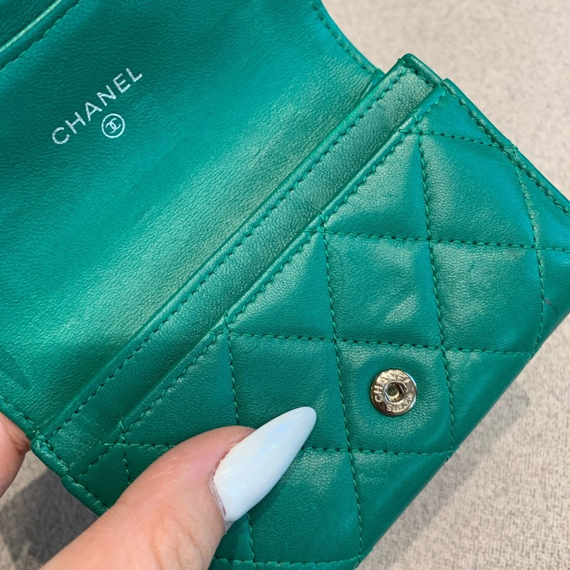 Chanel香奈兒 綠色羊皮錢包小卡包銀扣銀包 22開無卡-7