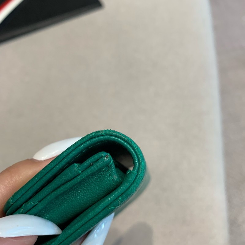 Chanel香奈兒 綠色羊皮錢包小卡包銀扣銀包 22開無卡-10