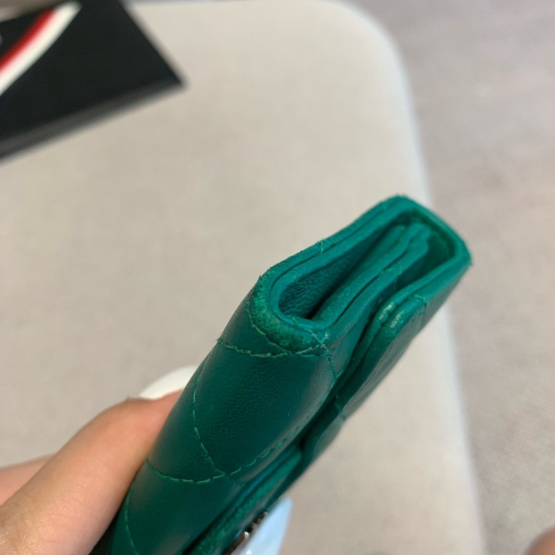 Chanel香奈兒 綠色羊皮錢包小卡包銀扣銀包 22開無卡-14