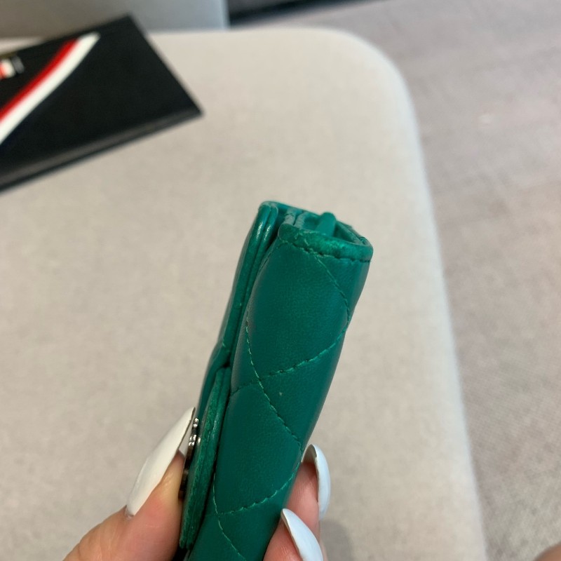 Chanel香奈兒 綠色羊皮錢包小卡包銀扣銀包 22開無卡-16