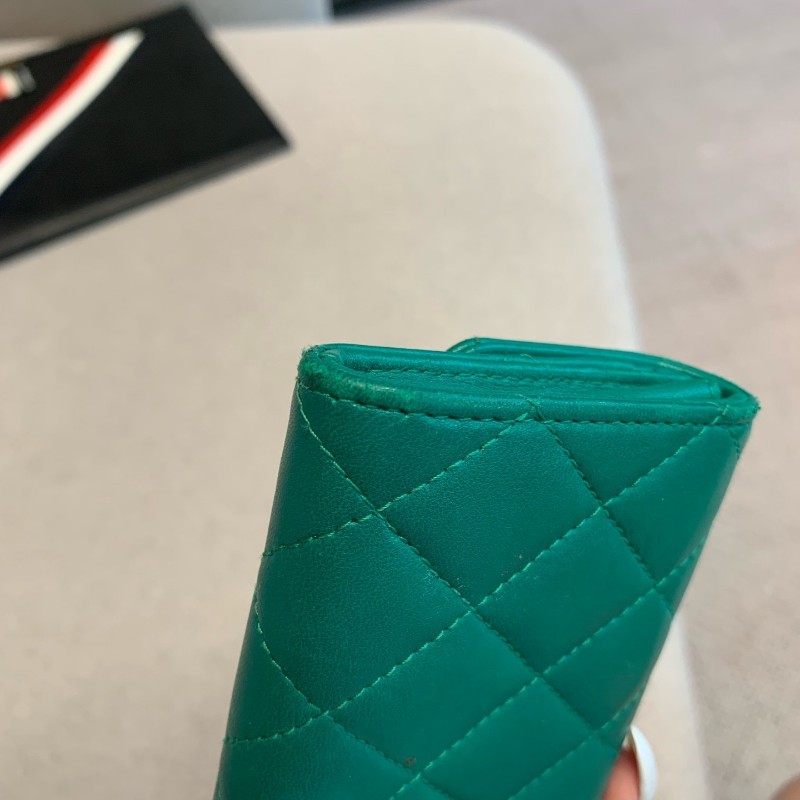 Chanel香奈兒 綠色羊皮錢包小卡包銀扣銀包 22開無卡-17