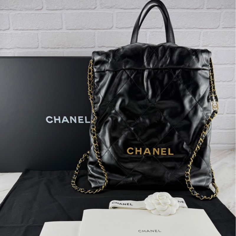 Chanel 香奈兒 Hobo Bag 22Bag 黑金 小號 雙肩包/ 手提/後背包-0