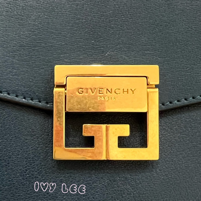 GIVENCHY GV3 紀梵希 仿舊金屬釦 藍綠皮革 深灰麂皮拼接 手提包 斜背包 金鏈條 正品 二手精品-4