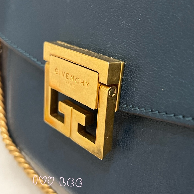 GIVENCHY GV3 紀梵希 仿舊金屬釦 藍綠皮革 深灰麂皮拼接 手提包 斜背包 金鏈條 正品 二手精品-6