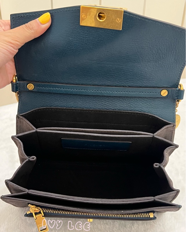 GIVENCHY GV3 紀梵希 仿舊金屬釦 藍綠皮革 深灰麂皮拼接 手提包 斜背包 金鏈條 正品 二手精品-9