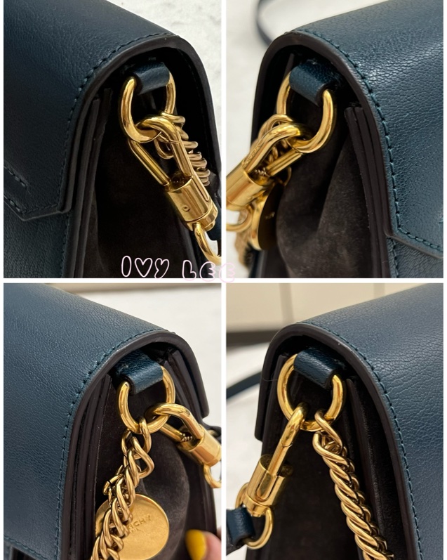 GIVENCHY GV3 紀梵希 仿舊金屬釦 藍綠皮革 深灰麂皮拼接 手提包 斜背包 金鏈條 正品 二手精品-22