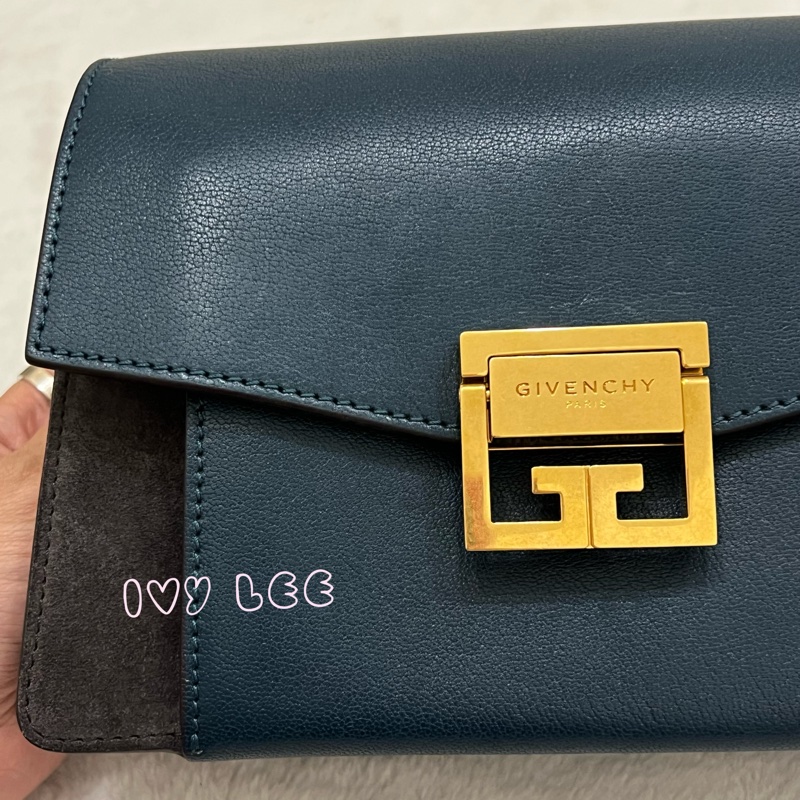 GIVENCHY GV3 紀梵希 仿舊金屬釦 藍綠皮革 深灰麂皮拼接 手提包 斜背包 金鏈條 正品 二手精品-35