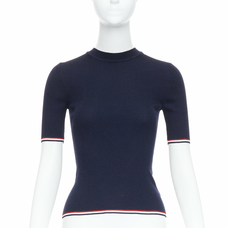 THOM BROWNE navy wool blend red white trim pointelle knit tshirt top IT36 XXS-0