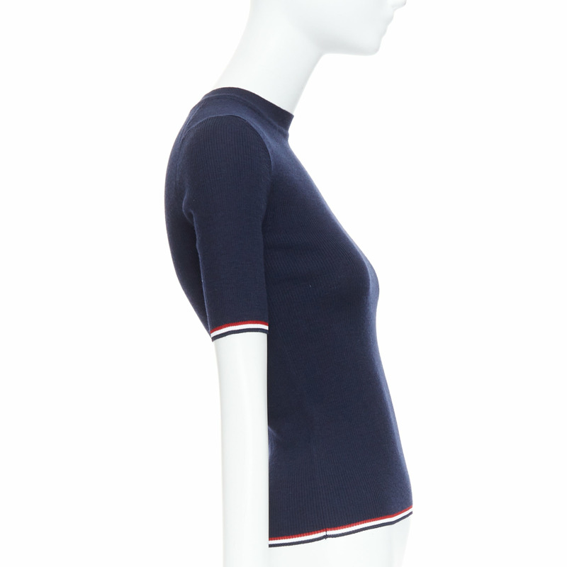 THOM BROWNE navy wool blend red white trim pointelle knit tshirt top IT36 XXS-3