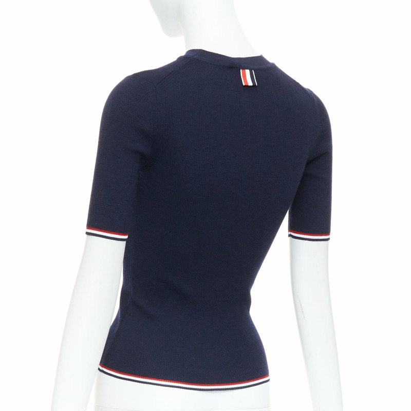 THOM BROWNE navy wool blend red white trim pointelle knit tshirt top IT36 XXS-5