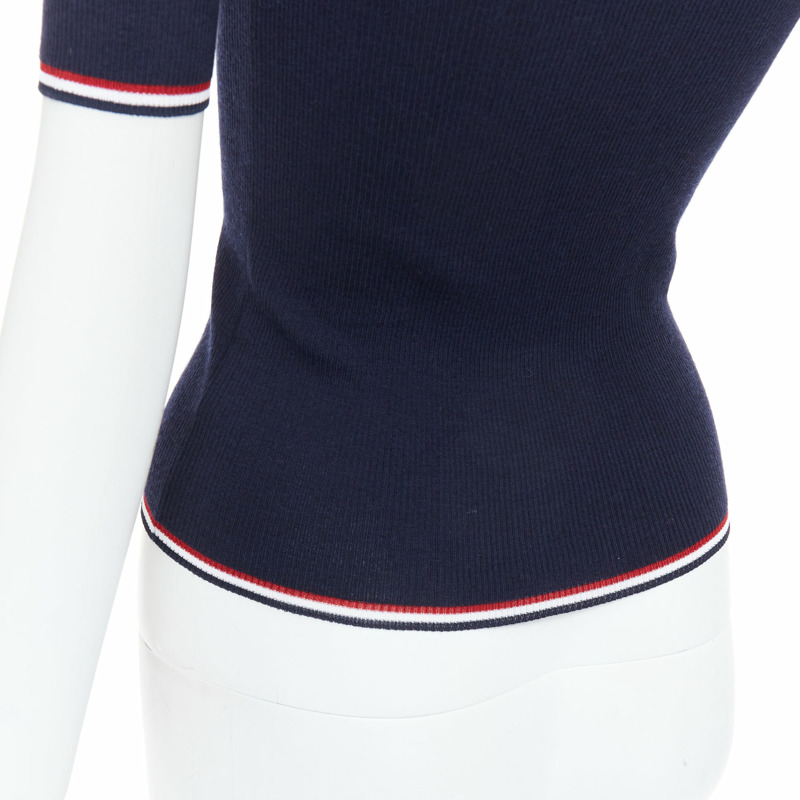 THOM BROWNE navy wool blend red white trim pointelle knit tshirt top IT36 XXS-6
