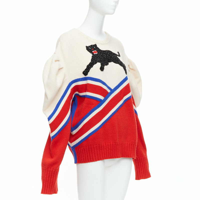 GUCCI Alessandro 2016 Runway 100% wool crystal panther intarsia puff sweater-2
