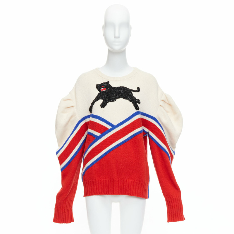 GUCCI Alessandro 2016 Runway 100% wool crystal panther intarsia puff sweater-9