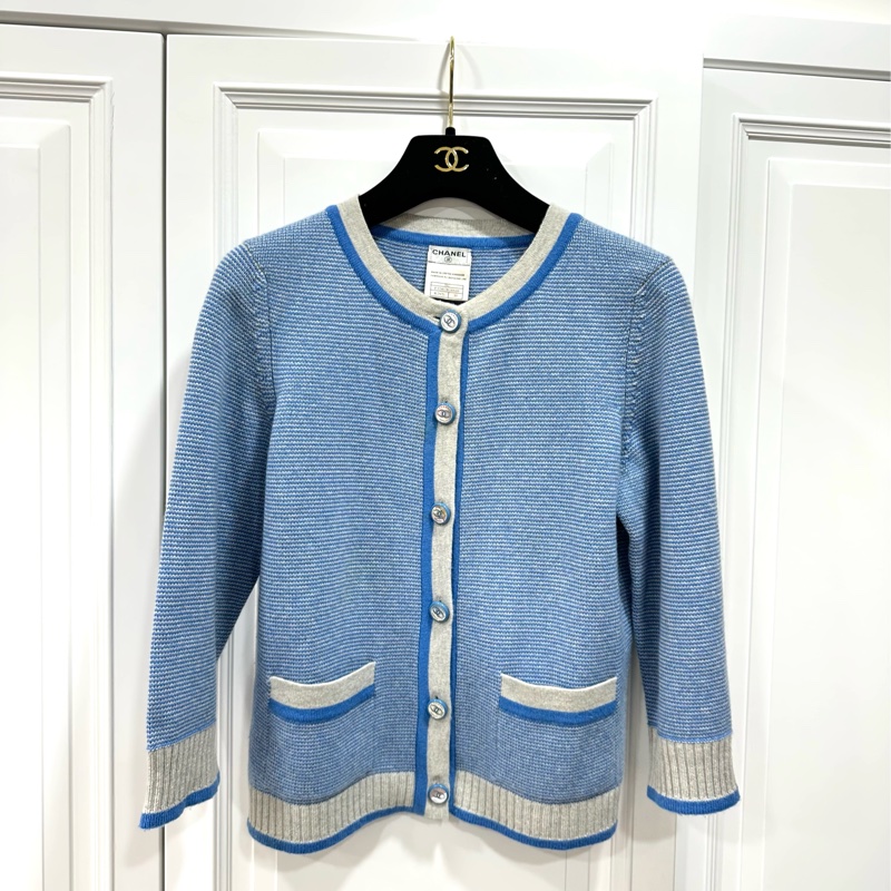CHANEL 香奈兒 藍色 條紋 長袖 圓領 針織外套 針織毛衣 針織衫 小外套 罩衫-0